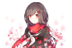 Rule 34 | 1girl, 277114602, absurdres, black hair, black shirt, closed mouth, commentary request, dot nose, enpera, hair between eyes, hair ornament, hairclip, highres, kagerou project, long hair, looking at viewer, red eyes, red scarf, sailor collar, scarf, school uniform, serafuku, shirt, simple background, smile, solo, tateyama ayano, upper body, white background, white neckwear