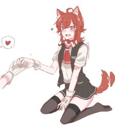 Rule 34 | 1girl, absurdres, ahoge, animal ears, arashi (kancolle), black vest, blouse, dog ears, dog tail, fang, full body, gloves, grey thighhighs, highres, kantai collection, kemonomimi mode, kneeling, messy hair, neck ribbon, neckerchief, one-hour drawing challenge, pleated skirt, purple eyes, red hair, red ribbon, ribbon, school uniform, shirt, short sleeves, simple background, skirt, solo focus, tail, thighhighs, vest, white background, white gloves, white shirt, yuutama2804