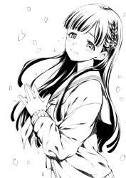 Rule 34 | 1girl, blush, braid, cardigan, flower, greyscale, hair flower, hair ornament, hamao, highres, idolmaster, idolmaster cinderella girls, kobayakawa sae, long hair, long sleeves, looking at viewer, monochrome, neckerchief, own hands together, petals, sailor collar, simple background, smile, solo, steepled fingers, tearing up, upper body
