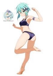 Rule 34 | 1girl, absurdres, aqua hair, armpits, asada shino, ass, bare arms, bare legs, bare shoulders, barefoot, bikini, black bikini, blue eyes, blue hair, breasts, collarbone, feet, female focus, from behind, full body, green eyes, hair ornament, hair ribbon, highres, kneepits, legs, looking at viewer, looking back, medium breasts, one eye closed, ribbon, short hair, shugo19, simple background, smile, soles, solo, standing, standing on one leg, swimsuit, sword art online, thighs, toes, white background, wink