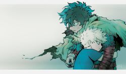 2boys aged_down bakugou_katsuki belt belt_pouch blonde_hair blue_shirt boku_no_hero_academia brown_belt cloak closed_mouth freckles gloves green_cloak green_hair hair_between_eyes highres hug ika_zch letterboxed looking_ahead male_focus midoriya_izuku multiple_boys orange_eyes parted_lips pouch rain shirt short_sleeves spiked_hair superhero_costume t-shirt time_paradox torn_cloak torn_clothes torn_shirt wet white_gloves wide-eyed