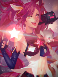 Rule 34 | &gt;:d, 1girl, :d, alternate costume, alternate hair color, alternate hairstyle, backlighting, bare shoulders, belt, black gloves, blurry, bow, bowtie, creature, depth of field, elbow gloves, familiar, fingerless gloves, gloves, hair ornament, horns, jinx (league of legends), kuro (league of legends), league of legends, leng, light particles, light rays, long hair, looking at viewer, magical girl, nail polish, navel, open mouth, parted bangs, purple bow, purple bowtie, purple nails, red hair, red lips, shiro (league of legends), single horn, sleeveless, smile, solo, star (symbol), star guardian (league of legends), star guardian jinx, stomach, twintails, upper body, v-shaped eyebrows, very long hair