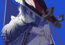 Rule 34 | 1boy, blue background, blue eyes, blue hair, closed mouth, colored skin, cracked skin, genshin impact, hair between eyes, hat, highres, japanese clothes, jingasa, looking at viewer, male focus, megumui 9, purple skin, scaramouche (genshin impact), simple background, sitting, solo, upper body