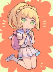 Rule 34 | 1girl, backpack, bad id, bad twitter id, bag, blonde hair, blue sailor collar, blunt bangs, braid, closed mouth, commentary request, creatures (company), full body, game freak, green eyes, grey footwear, grey shirt, grey skirt, grey socks, highres, lillie (pokemon), nintendo, pokemon, pokemon sm, ponytail, puffy short sleeves, puffy sleeves, red background, sailor collar, sasa kichi, shirt, shoes, short sleeves, skirt, socks, solo
