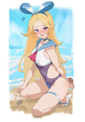 Rule 34 | 1girl, :d, absurdres, alice (world flipper), beach, blonde hair, blush, breasts, hairband, highres, jin rou, kneeling, long hair, looking at viewer, one-piece swimsuit, open mouth, purple eyes, sailor collar, sandals, smile, solo, swimsuit, thigh strap, very long hair, world flipper