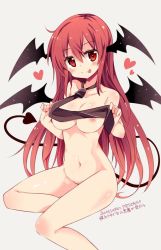 Rule 34 | 1girl, :p, bat wings, blush, breasts, collarbone, demon tail, head wings, heart, koakuma, large breasts, long hair, maturiuta sorato, naked necktie, navel, necktie, nipples, red eyes, red hair, simple background, smile, solo, tail, tongue, tongue out, touhou, wings