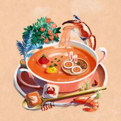 Rule 34 | bird, candle, commentary request, crab claw, cup, drink, drinking glass, fire, flower, food, food focus, issiki toaki, original, plant, potted plant, red flower, shrimp, soup, spoon, tomato, wooden tray