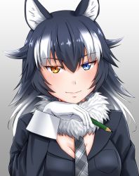 Rule 34 | 10s, 1girl, animal ears, bad id, bad pixiv id, black hair, black jacket, blue eyes, blush, breast pocket, breasts, cleavage, closed mouth, eyebrows, eyelashes, facing viewer, fur collar, gloves, gradient background, gradient hair, grey necktie, grey wolf (kemono friends), hair between eyes, hair flaps, heterochromia, highres, holding, holding pencil, jacket, kemono friends, lips, long hair, long sleeves, looking at viewer, medium breasts, multicolored background, multicolored hair, necktie, orange eyes, pencil, pink lips, plaid, plaid necktie, plaid neckwear, pocket, sleeve cuffs, smile, solo, takatsuki nao, tsurime, two-tone hair, upper body, white gloves, white hair, wolf ears