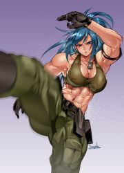 Rule 34 | 1girl, abs, biceps, bowalia, breasts, cargo pants, earrings, fighting stance, gloves, jewelry, large breasts, leona heidern, muscular, muscular female, obliques, pants, signature, tank top, the king of fighters, thick thighs, thighs, toned, triangle earrings