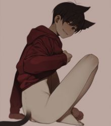 Rule 34 | 10s, 1boy, animal ears, arm at side, arm support, ass, back, barefoot, black hair, blurry, blush, bottomless, brown eyes, cat boy, cat ears, cat tail, clothes lift, depth of field, from side, full body, groin, hair between eyes, highres, hood, hood down, hoodie, kemonomimi mode, lifted by self, long sleeves, looking at viewer, male focus, matsuno osomatsu, osomatsu-kun, osomatsu-san, osomatsu (series), parted lips, red background, shade, shirt lift, simple background, sitting, smile, solo, spine, tail, weyowang
