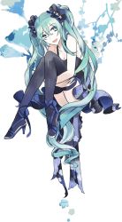 Rule 34 | 1girl, dress, hatsune miku, high heels, highres, hugging own legs, long hair, niga, open mouth, sitting, solo, thighhighs, twintails, very long hair, vocaloid