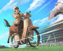 Rule 34 | 2boys, blue sky, brown eyes, brown hair, centaur, character request, closed mouth, cloud, collared shirt, commentary request, copyright request, crowd, day, dress shirt, formal, full body, grass, hair between eyes, helmet, honda, horse head, horse racing, horse racing track, horse tail, indoors, jacket, long sleeves, male focus, monster boy, motor vehicle, motorcycle, motorcycle helmet, multiple boys, multiple legs, racing, shadow, shimekiri (yamada4vt), shirt, sidelocks, sitting, sky, suit, tail, taur, vehicle request, white footwear, white jacket, white shirt