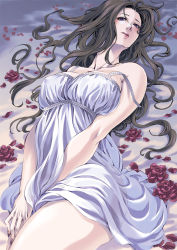 Rule 34 | 1girl, bare arms, bare shoulders, between legs, black eyes, black hair, blush, breasts, commentary request, dress, flower, fujino yuuki, graphite (medium), hand between legs, highres, large breasts, lipstick, lying, makeup, mature female, on back, original, parted lips, petals, rose, rose petals, solo, strap slip, traditional media, white dress