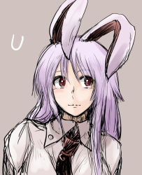 Rule 34 | 1girl, animal ears, collared shirt, hanemikakko, leaning, long sleeves, looking to the side, neck, necktie, purple background, purple hair, rabbit ears, red eyes, reisen udongein inaba, shirt, simple background, sketch, smile, solo, touhou, upper body