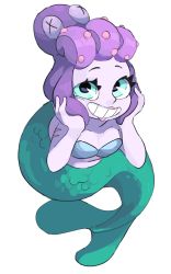 Rule 34 | 1girl, :d, blue eyes, breasts, cala maria (cuphead), cleavage, colored skin, cuphead (game), eyelashes, full body, giant, giantess, kundroid, leaning forward, lipstick, looking at viewer, makeup, mermaid, monster girl, navel, open mouth, purple hair, shell, shell bikini, simple background, smile, solo, teeth, tentacle hair, transparent background, white background, white skin, x x
