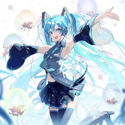 Rule 34 | 1girl, :d, aqua eyes, aqua hair, armpits, bare shoulders, black skirt, black thighhighs, blue nails, detached sleeves, grey shirt, hair between eyes, hatsune miku, highres, linch, long hair, long sleeves, looking at viewer, miniskirt, nail polish, navel, open mouth, outstretched arms, pleated skirt, shirt, skirt, sleeveless, sleeveless shirt, smile, solo, thighhighs, thighs, twintails, very long hair, vocaloid, white background, wide sleeves