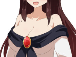 Rule 34 | 1girl, ;d, bare shoulders, breast focus, breasts, brooch, brown hair, cato (monocatienus), cleavage, collarbone, commentary request, dress, facing viewer, fang, head out of frame, imaizumi kagerou, jewelry, large breasts, long hair, long sleeves, off-shoulder dress, off shoulder, one eye closed, open mouth, sidelocks, simple background, skin fang, smile, solo, touhou, white background, white dress