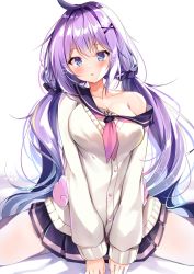 Rule 34 | 1girl, aged up, azur lane, bare shoulders, blue eyes, blush, cardigan, commentary request, hair intakes, hair ornament, highres, long hair, long sleeves, looking at viewer, miniskirt, neckerchief, nenobi (nenorium), pantyhose, pink neckerchief, purple hair, simple background, sitting, skirt, solo, unicorn (long-awaited date) (azur lane), unicorn (azur lane), very long hair, white background, white cardigan, white pantyhose, x hair ornament