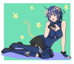 Rule 34 | 1girl, animal ears, bare shoulders, blue dress, blue eyes, blue hair, boots, breasts, cat ears, cat tail, ciel (tsukihime), commentary request, dress, full body, gloves, hirakawa, large breasts, looking at viewer, lying, on side, paw pose, powered ciel, short hair, skirt, sleeveless, sleeveless dress, solo, tail, teeth, thighhighs, tsukihime, tsukihime (remake), upper teeth only