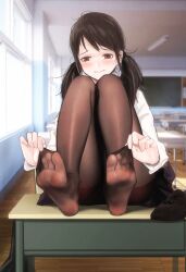 Rule 34 | 1girl, absurdres, blush, brown eyes, classroom, clothes pull, desk, feet, highres, long hair, low twintails, pantyhose, pantyhose pull, shoes, unworn shoes, single shoe, soles, toes, twintails