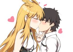 Rule 34 | 1boy, 1girl, absurdres, black hair, blonde hair, blush, breasts, caravthir, closed eyes, fate/grand order, fate (series), fujimaru ritsuka (male), hand on another&#039;s chin, head wings, heart, highres, kiss, large breasts, thrud (fate), valkyrie (fate), wings