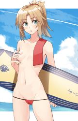 Rule 34 | 1girl, arm behind back, bikini, bikini bottom only, blue eyes, blue sky, blush, braid, breasts, cameltoe, covering nipples, covering privates, cowboy shot, day, fate/grand order, fate (series), gluteal fold, half updo, hand on own chest, holding, holding behind back, light brown hair, lowleg, lowleg bikini, mordred (fate), mordred (fate) (all), mordred (fate/apocrypha), mordred (swimsuit rider) (fate), mordred (swimsuit rider) (first ascension) (fate), navel, open mouth, outdoors, ponytail, red bikini, shunichi, sky, small breasts, solo, surfboard, swimsuit, topfreedom, topless, towel