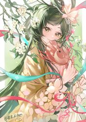 Rule 34 | 1girl, absurdres, blush, brown eyes, chinese clothes, closed mouth, copyright request, duijin ruqun, flower, green hair, hair flower, hair ornament, hair rings, hand fan, hanfu, highres, holding, long hair, long sleeves, looking at viewer, luo shenfu (wuhua mixin), ribbon, smile, solo, tuanshan, white flower, wuhua mixin