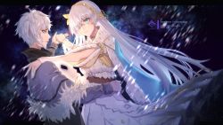 Rule 34 | 1boy, 1girl, anastasia (fate), blue cape, blue eyes, cape, capelet, centmeter, dancing, dress, eye contact, eyes visible through hair, fate/grand order, fate (series), floating hair, fur trim, hair between eyes, hair over one eye, hairband, hand on another&#039;s hip, highres, holding hands, kadoc zemlupus, long hair, looking at another, silver hair, smile, snowing, very long hair, white dress, yellow hairband