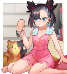 Rule 34 | 1girl, arm support, asymmetrical bangs, barefoot, black hair, blush, breasts, collarbone, commentary request, creatures (company), dress, eyelashes, feet, fluffy, game freak, gen 8 pokemon, green eyes, hair dryer, hair ribbon, hand up, highres, holding, indoors, katwo, looking to the side, marnie (pokemon), morpeko, morpeko (full), nintendo, open mouth, pink dress, pokemon, pokemon (creature), pokemon swsh, poster (object), red ribbon, ribbon, sitting, toes, towel, towel around neck