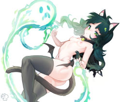 Rule 34 | 1girl, absurdres, animal ear fluff, animal ears, ass, black hair, black thighhighs, blush, breasts, capelet, cat ears, cat tail, dutch angle, female focus, ghost, green eyes, highres, niniidawns, nipples, nude, original, simple background, small breasts, solo, tail, thighhighs, white background, wings