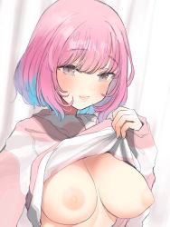 Rule 34 | 1girl, bad id, bad pixiv id, blue hair, blush, breasts, breasts out, closed mouth, clothes lift, commentary, curtains, highres, idolmaster, idolmaster cinderella girls, large breasts, lifted by self, long sleeves, multicolored hair, nipples, no ahoge, no bra, pink hair, purple eyes, reaching, reaching towards viewer, selfie, short hair, sleeves past wrists, smile, solo, striped clothes, striped sweater, sutochan, sweater, sweater lift, two-tone hair, upper body, yumemi riamu