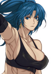 Rule 34 | 1girl, armpits, bare shoulders, black gloves, blue eyes, blue hair, breasts, cleavage, earrings, gloves, jewelry, large breasts, leona heidern, muscular, muscular female, ponytail, serious, solo, tank top, the king of fighters, the king of fighters xiii, white background, yasunososaku
