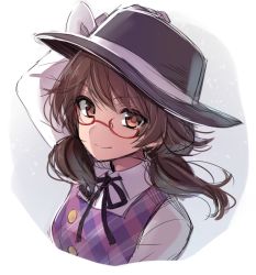 Rule 34 | 1girl, asa (coco), brown eyes, brown hair, glasses, hand on headwear, hat, looking at viewer, smile, solo, touhou, upper body, usami sumireko