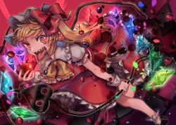 Rule 34 | 13 (spice!!), 1girl, apple, black footwear, blonde hair, blood, blood splatter, bobby socks, bow, commentary request, crystal, dutch angle, earrings, flandre scarlet, food, frilled shirt collar, frilled skirt, frilled sleeves, frills, fruit, hat, highres, holding, holding food, holding fruit, jewelry, laevatein, looking at viewer, mob cap, open mouth, pointy ears, puffy short sleeves, puffy sleeves, red bow, red eyes, red skirt, saliva, sharp teeth, short sleeves, side ponytail, skirt, socks, solo, standing, standing on one leg, teeth, tongue, tongue out, touhou, wings, wrist cuffs