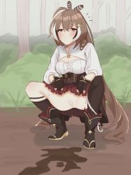 Rule 34 | 1girl, ahoge, alhambara, ankle boots, asymmetrical legwear, belt, blush, boots, brown corset, brown eyes, brown hair, bush, cleavage cutout, clothing cutout, corset, dirt, feather hair ornament, feathers, forest, gloves, hair ornament, hairclip, highres, hololive, hololive english, knee strap, kneehighs, long hair, looking at viewer, multicolored hair, nanashi mumei, nature, partially fingerless gloves, pee stain, pleated skirt, ponytail, pussy, red skirt, shirt, single kneehigh, single sock, single thighhigh, skirt, socks, streaked hair, thigh strap, thighhighs, tree, uncensored, very long hair, virtual youtuber, white shirt