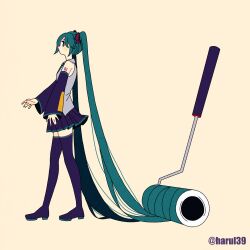 Rule 34 | 1girl, absurdly long hair, aqua eyes, aqua hair, aqua necktie, bare shoulders, blue footwear, blue skirt, blue sleeves, boots, closed mouth, detached sleeves, full body, grey shirt, hair ornament, hair ribbon, harul39, hatsune miku, long hair, long sleeves, necktie, number tattoo, paint roller, pleated skirt, ribbon, shirt, simple background, skirt, solo, tattoo, thigh boots, thighhighs, twintails, twitter username, very long hair, vocaloid, zettai ryouiki