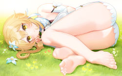 Rule 34 | 1girl, ass, barefoot, blonde hair, blush, feet, flower, genshin impact, grass, highres, long hair, looking at viewer, lumine (genshin impact), lying, on side, smile, soles, toes, yellow eyes