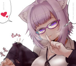 Rule 34 | ..., 1boy, 1girl, alternate costume, animal ears, black jacket, breasts, cat ears, cat girl, choker, cleavage, commentary request, cum, cum in clothes, cum on hair, cum through clothes, ejaculation, glasses, handjob, heart, hetero, highres, hololive, jacket, long sleeves, matarou (matarou072), nekomata okayu, nekomata okayu (oversized shirt), off shoulder, official alternate costume, penis, penis under another&#039;s clothes, purple eyes, purple hair, shirt, short hair, sleevejob, sleeves past fingers, sleeves past wrists, spoken ellipsis, spoken heart, stealth sex, tongue, tongue out, translation request, virtual youtuber, white shirt