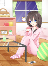 Rule 34 | 1girl, ahoge, alarm clock, bag, bed, blouse, blue eyes, blush, book, brown hair, cellphone, clock, coffee table, collarbone, commentary request, cup, curtains, drinking glass, glass table, hair between eyes, hair ornament, hair over shoulder, hair scrunchie, holding, holding cup, looking at viewer, low twintails, night, night sky, no shoes, original, pajamas, pants, parted lips, phone, pillow, pink pajamas, pink pants, pink scrunchie, pink shirt, plant, polka dot, polka dot scrunchie, potted plant, roido (taniko-t-1218), scrunchie, shirt, sitting, sky, smartphone, socks, solo, steam, striped clothes, striped socks, table, tray, twintails, window, wooden floor