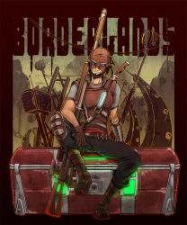Rule 34 | 1boy, bandolier, beard, belt, boots, borderlands (series), brown hair, facial hair, gloves, glowing, goggles, goggles on head, gun, keisuke (pixiv42454), knee pads, knife, mailbox, male focus, mask, mordecai (borderlands), rifle, sitting, smile, sniper rifle, solo, weapon