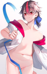 Rule 34 | 1girl, absurdres, alternate hairstyle, arm behind back, arrow (symbol), arrow print, bad id, bad pixiv id, banitya, bare shoulders, black hair, blue ribbon, blush, bottomless, breasts, clenched hands, clothes pull, cone horns, convenient censoring, cowboy shot, embarrassed, gluteal fold, grey horns, groin, hair between eyes, hair ribbon, hand up, highres, horns, kijin seija, leaning forward, looking at viewer, medium hair, messy hair, midriff, multicolored hair, navel, no bra, no panties, no pants, off shoulder, open clothes, open shirt, ponytail, red eyes, red hair, ribbon, shirt pull, silver hair, small breasts, smile, solo, stomach, streaked hair, thigh gap, touhou, undressing