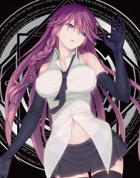 Rule 34 | 1girl, asami lilith, blue eyes, blush, braid, breasts, collared shirt, cowboy shot, elbow gloves, gloves, grey gloves, grey skirt, grey thighhighs, hair between eyes, large breasts, long hair, looking at hand, magic cirle, miniskirt, navel, official art, open mouth, red hair, shirt, side braid, skirt, sleeveless, sleeveless shirt, solo, thighhighs, trinity seven, white shirt, wing collar