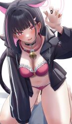 Rule 34 | 1girl, animal collar, animal ears, barefoot, bell, black choker, black hair, black jacket, black nails, blue archive, blush, bra, breasts, cafenami, cat ears, cat girl, cat tail, choker, collar, colored inner hair, commentary request, extra ears, fang, fingernails, halo, highres, jacket, jingle bell, kazusa (blue archive), large breasts, long sleeves, looking at viewer, multicolored hair, nail polish, open mouth, orange nails, panties, pink hair, pink halo, red bra, red eyes, red panties, short hair, simple background, solo, tail, underwear, white background