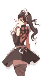 Rule 34 | 1girl, absurdres, apron, artist name, ass, black hair, blowing kiss, commentary, dishwasher1910, frilled sleeves, frills, from behind, green eyes, highres, maid, maid apron, maid headdress, neo politan, rwby, solo, thighhighs, twintails