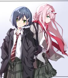 Rule 34 | 10s, 2girls, aqua eyes, bag, black coat, blue hair, blush, closed mouth, coat, collared shirt, darling in the franxx, eyeshadow, gradient background, green eyes, green skirt, grey background, grey coat, hair ornament, hairband, hairclip, hands in pockets, horns, ichigo (darling in the franxx), long sleeves, looking at viewer, makeup, medium skirt, multiple girls, necktie, open clothes, open coat, pink hair, plaid, plaid skirt, profile, red neckwear, red scarf, scarf, school uniform, serious, shirt, short hair, shoulder bag, skirt, smile, striped neckwear, tsuezu, v-shaped eyebrows, white hairband, white shirt, wing collar, zero two (darling in the franxx)