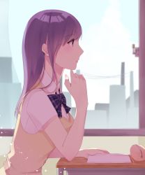 Rule 34 | 1girl, absurdres, arm up, book, bow, cityscape, commentary request, day, desk, elbow rest, expressionless, from side, highres, indoors, light particles, long hair, looking to the side, minami rioko, open book, original, pencil case, plaid neckwear, power lines, profile, purple eyes, purple hair, school desk, school uniform, shirt, short sleeves, sky, solo, sweater vest, white shirt, window