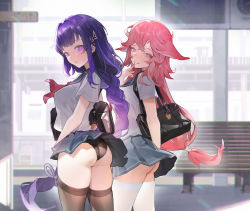 Rule 34 | 2girls, absurdres, animal ears, ass, bag, bench, black bag, black panties, black thighhighs, blue sailor collar, blue skirt, blurry, blurry background, blush, breasts, carrying bag, closed mouth, clothes lift, day, earrings, finger to mouth, floppy ears, fox ears, from side, genshin impact, hair bun, highres, jewelry, long hair, looking at viewer, looking back, low ponytail, medium breasts, miniskirt, multiple girls, neckerchief, outdoors, panties, pink hair, pleated skirt, purple eyes, purple hair, raiden shogun, red neckerchief, revision, sailor collar, school bag, school uniform, see-through, see-through shirt, serafuku, shirt, short sleeves, shoulder bag, skirt, skirt lift, smile, standing, thighhighs, underwear, very long hair, white shirt, white thighhighs, wind, wind lift, yae miko, zhudouzi