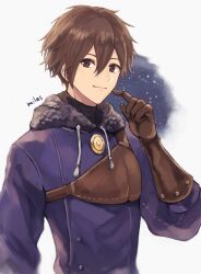 Rule 34 | 1boy, armor, black undershirt, blue coat, blush, brown eyes, brown hair, character name, coat, elbow gloves, fur-trimmed coat, fur trim, gloves, gold necklace, highres, hood, jewelry, leather armor, light smile, looking at viewer, miles (octopath traveler), necklace, night, night sky, octopath traveler, octopath traveler: champions of the continent, scratching cheek, simple background, sky, smile, snow, wspread
