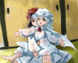 Rule 34 | 1980s (style), ascot, bad id, bad twitter id, barefoot, bat wings, black hair, bloomers, blue hair, bow, dress, feet out of frame, frilled dress, frilled sleeves, frills, hair bow, hakurei reimu, hat, hug, long sleeves, medium hair, mob cap, oldschool, open mouth, red ascot, red bow, red eyes, remilia scarlet, retro artstyle, sitting, sketch, soles, takemoto izumi (style), toes, touhou, underwear, white bloomers, white dress, wings, yatyou