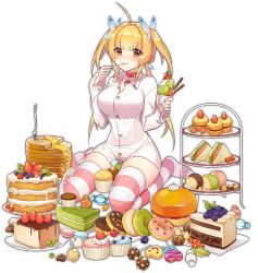 Rule 34 | 1girl, ahoge, ark order, artist request, beelzebub (ark order), blonde hair, blunt bangs, blush, breasts, butterfly hair ornament, cake, candy, candy wrapper, checkerboard cookie, chocolate, cookie, cup, cupcake, dessert, doughnut, dress shirt, food, food on face, fork, fruit, full body, grapes, hair ornament, holding, holding cup, holding spoon, honey, ice cream, large breasts, lollipop, long sleeves, low twintails, macaron, muffin, multicolored nails, nail polish, official art, pancake, pancake stack, parfait, plate, red eyes, sandwich, shirt, sidelocks, simple background, sitting, skindentation, solo, spoon, strawberry, striped clothes, striped thighhighs, swiss roll, tachi-e, thighhighs, tiered tray, transparent background, twintails, two side up, utensil in mouth, wafer stick, wariza, whipped cream, white shirt